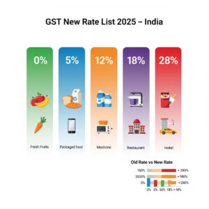 GST 2025 updated rate slabs infographic with examples and comparison chart.