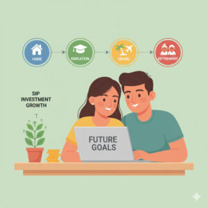Goal Planning SIP illustration showing Indian couple planning investments with charts, piggy bank, and growth graph in the background